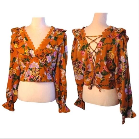 Milk & Honey Tops - Milk & Honey Rustic Floral Lace Up Ruffled Long Sleeve Crop Blouse Large NWOT
